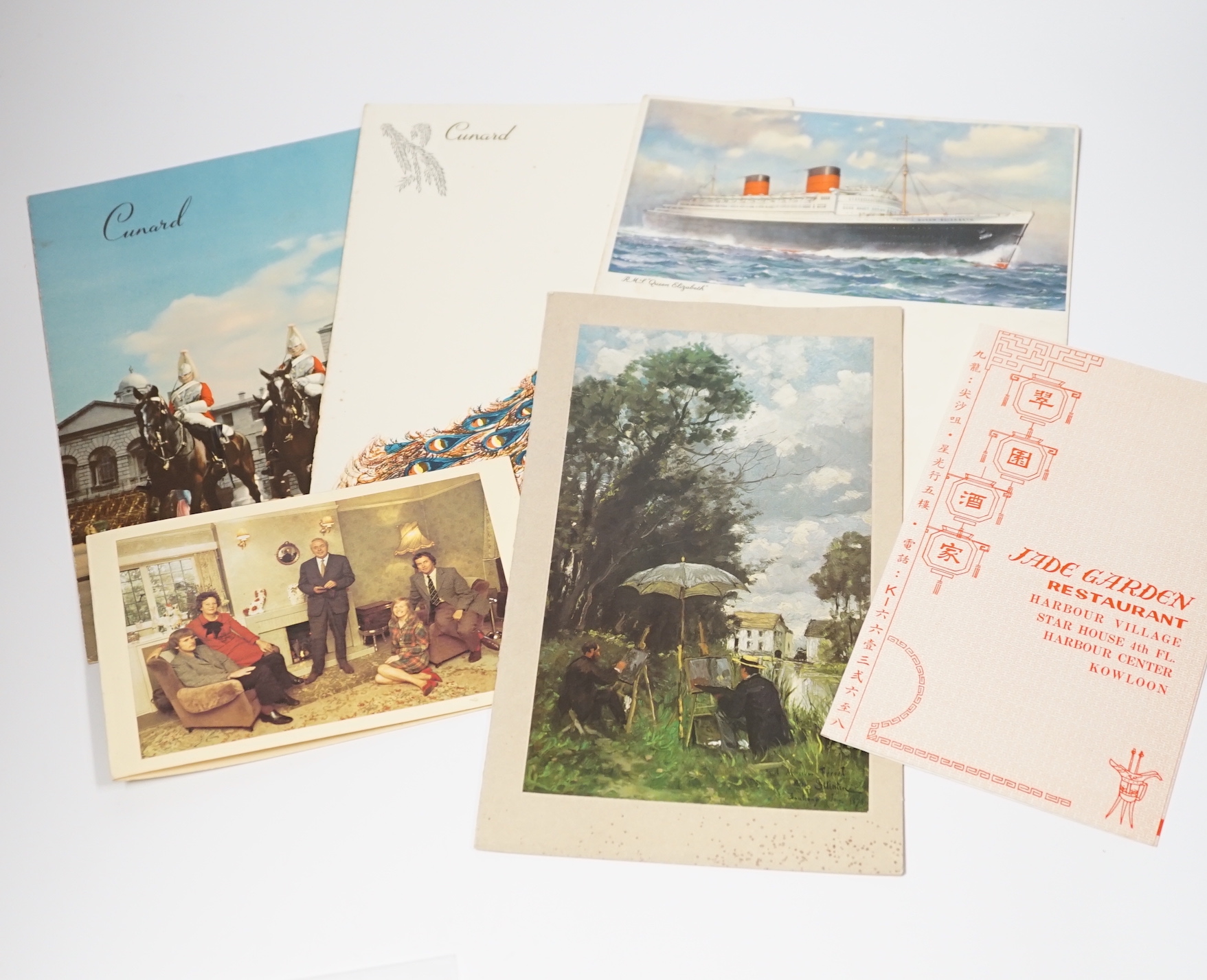 A signed Christmas card from Edward Heath during his time as Prime Minister sent from 10 Downing Street, a signed Christmas card from Mary and Howard Wilson (Grange farm, 1973), three Cunard RMS Queen Elizabeth dining me